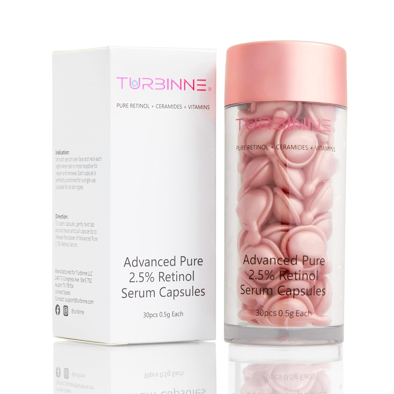 Cápsulas de suero de retinol puro al 2.5%. Luce 5 años más joven en 30 días. Potente antienvejecimiento, hidratación profunda, iluminación, reduce