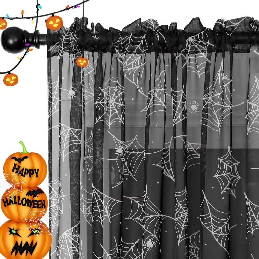 Karseteli Cortinas de Halloween para sala de estar, cortinas transparentes negras de 84 pulgadas de largo, 2 paneles de decoración de Halloween para