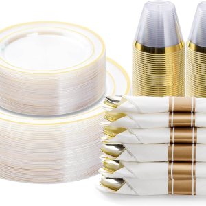 BESTVIP Juego de vajilla de plástico dorado transparente de 175 piezas, platos de fiesta desechables para 25 invitados, incluye 50 platos de BESTVIP Juego de vajilla de plástico dorado transparente de 175 piezas, platos de fiesta desechables para 25 invitados, incluye 50 platos de