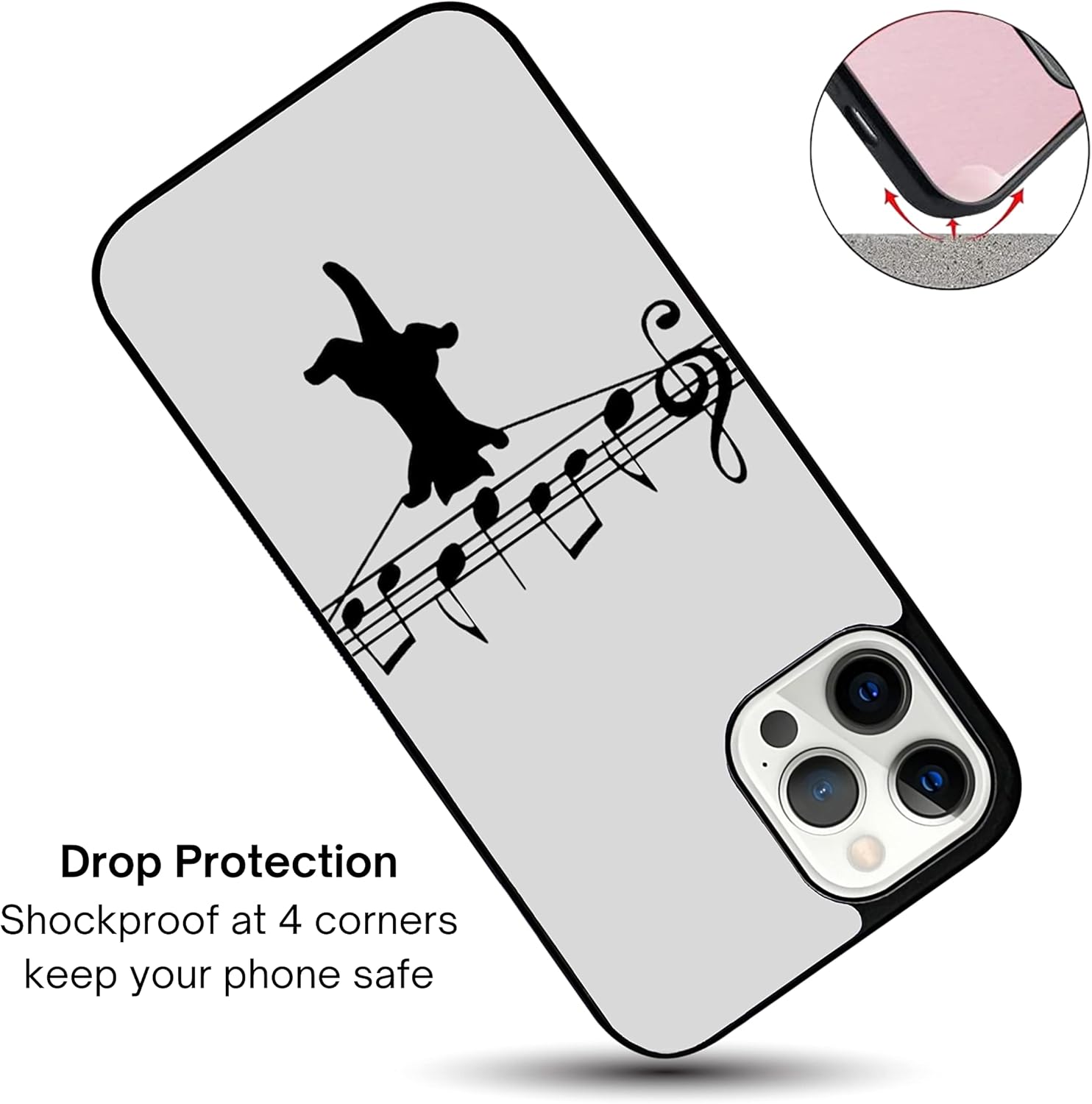 Funda estética de músico con notas musicales de color gris para amantes de los gatos negros, compatible con iPhone 14, funda delgada de goma TPU