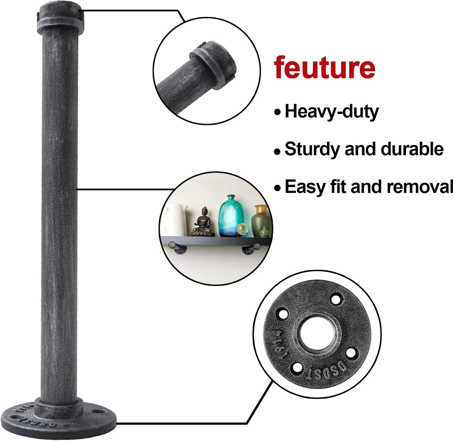 Soporte de estante, paquete de 4 soportes flotantes rústicos montados en la pared, estantería industrial de tubería resistente para madera (12