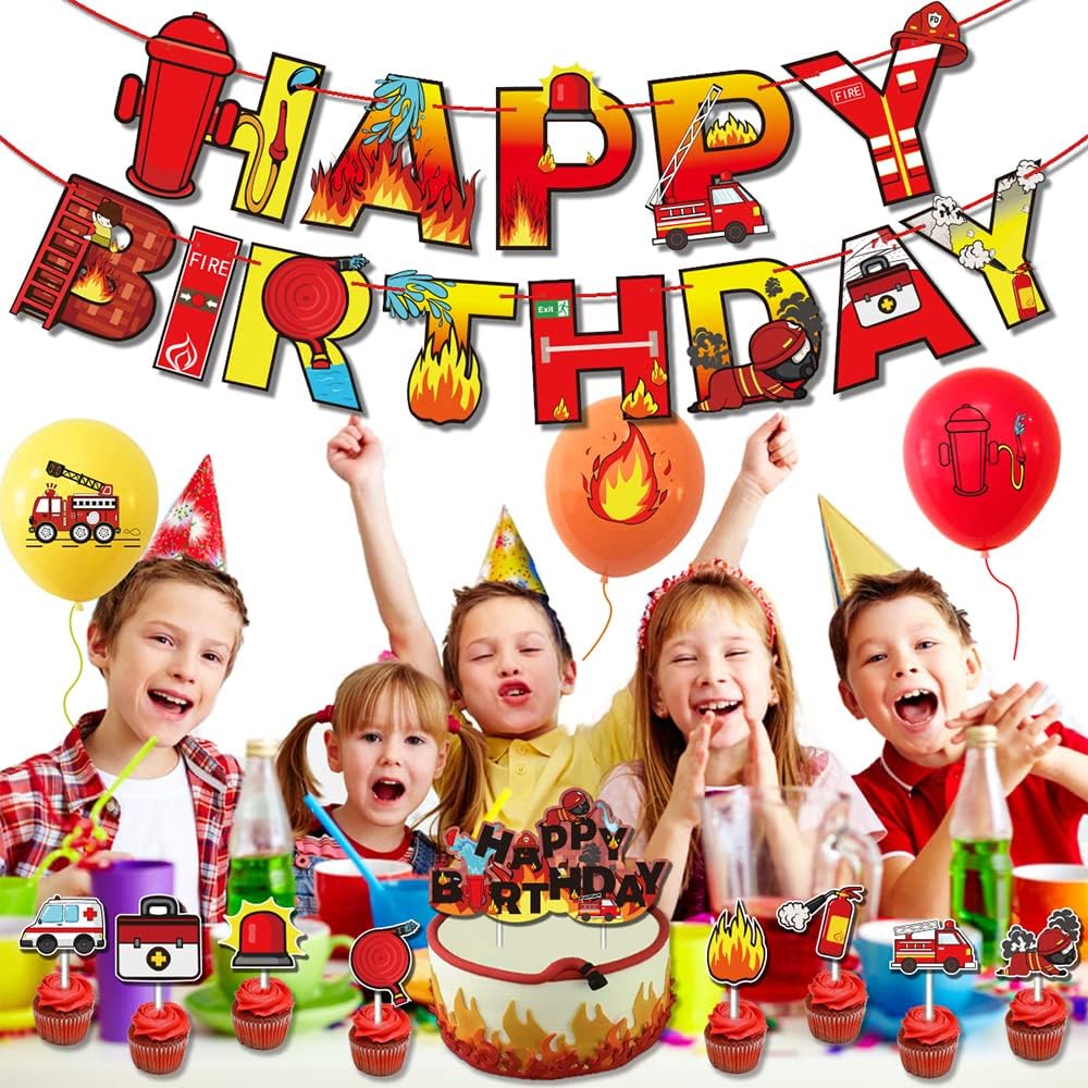 Suministros de fiesta de cumpleaños de camión de bomberos para niños y niñas, pancarta temática de feliz cumpleaños, globos de aluminio para