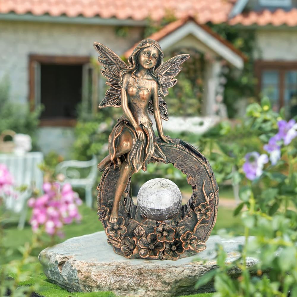 Estatuas de jardín al aire libre de 10.7 pulgadas, decoración de hada de flores, escultura de resina con energía solar para patio, césped, patio,