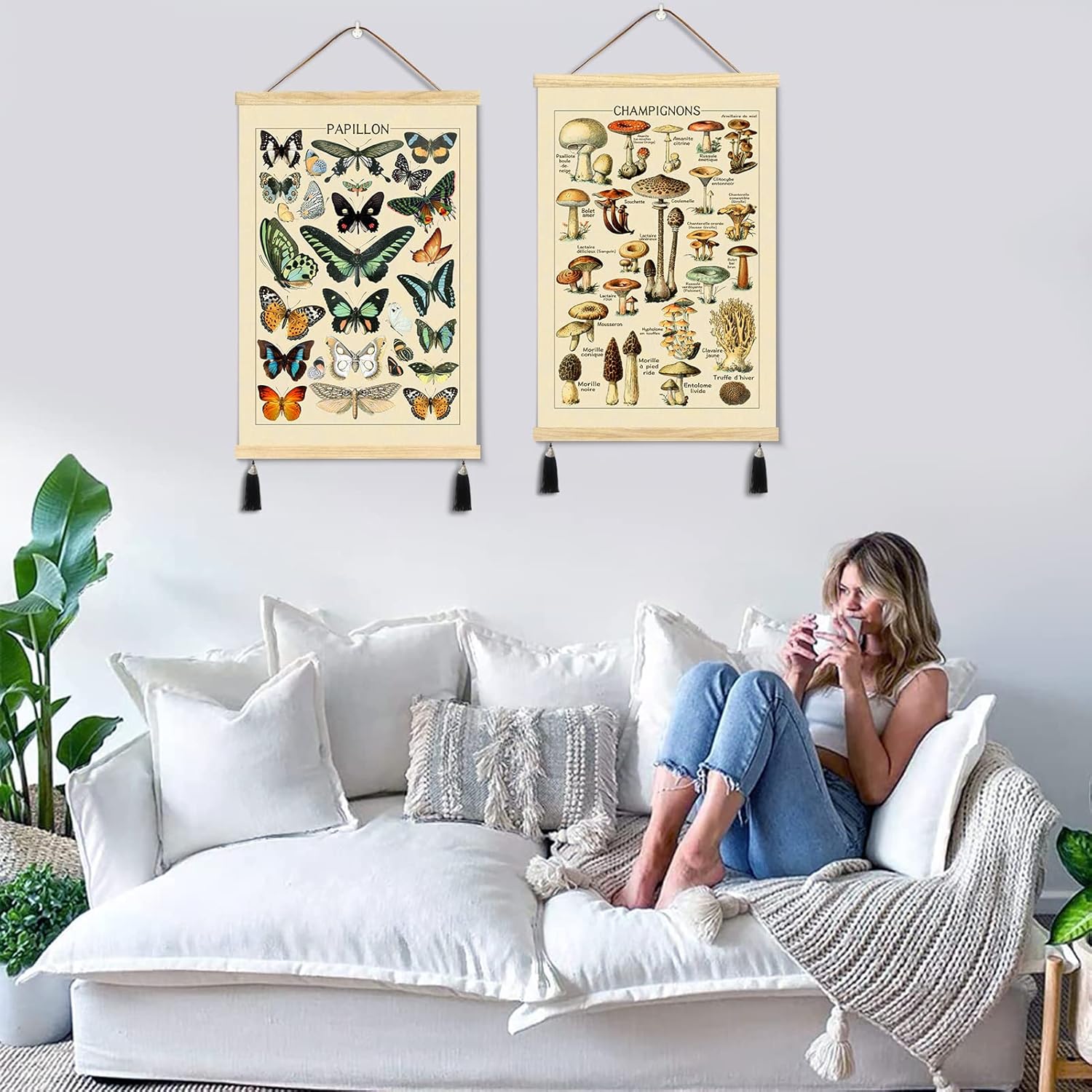 LIYAOLI Póster de hongos y mariposas para colgar en la pared, 2 juegos de 16 x 24 pulgadas, marco magnético de madera para colgar, pósteres de