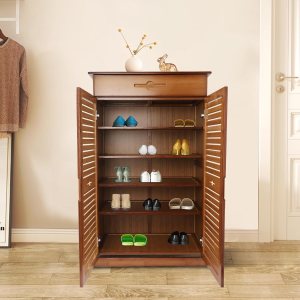 ONEPOINTPOINT Gabinete de almacenamiento de zapatos de 5 niveles de bambú organizador de zapatos para entrada, dormitorio, sala de estar, color teca ONEPOINTPOINT Gabinete de almacenamiento de zapatos de 5 niveles de bambú organizador de zapatos para entrada, dormitorio, sala de estar, color teca