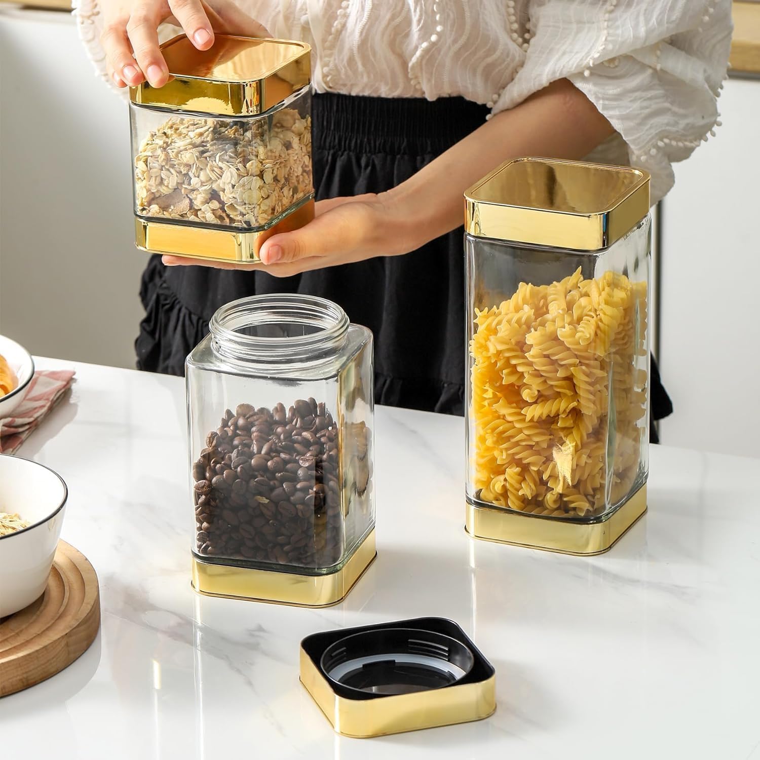 Tarros de almacenamiento de vidrio, recipientes grandes de vidrio de cocina con tapas herméticas, para café, pasta, té, aperitivos, nueces,