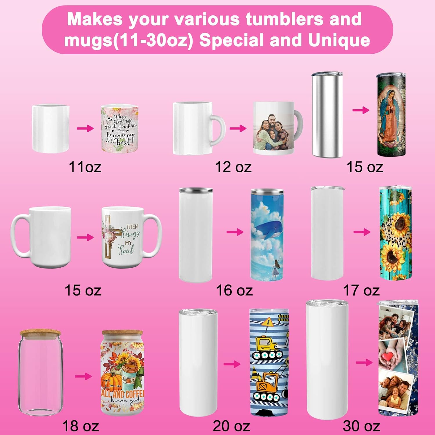 Máquina de prensa térmica de 30 onzas, color rosa con 4 modelos de memoria para sublimación de 10 a 30 onzas, vasos delgados para bricolaje, taza de