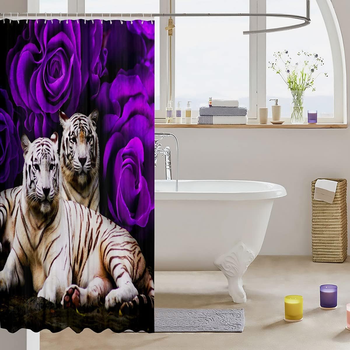 Cortina de ducha de tigre blanco, juego de cortinas de ducha de baño con rosas moradas, flores de animales salvajes, cortinas de baño impermeables