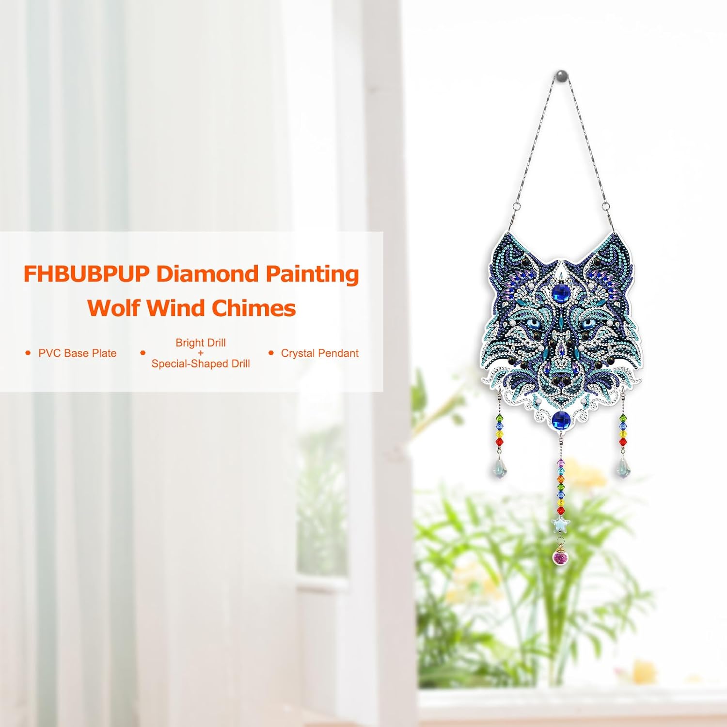 FHBUBPUP Kits de pintura de diamantes para adultos, colgante de cristal de lobo para decoración del hogar, campanillas de viento de bricolaje,
