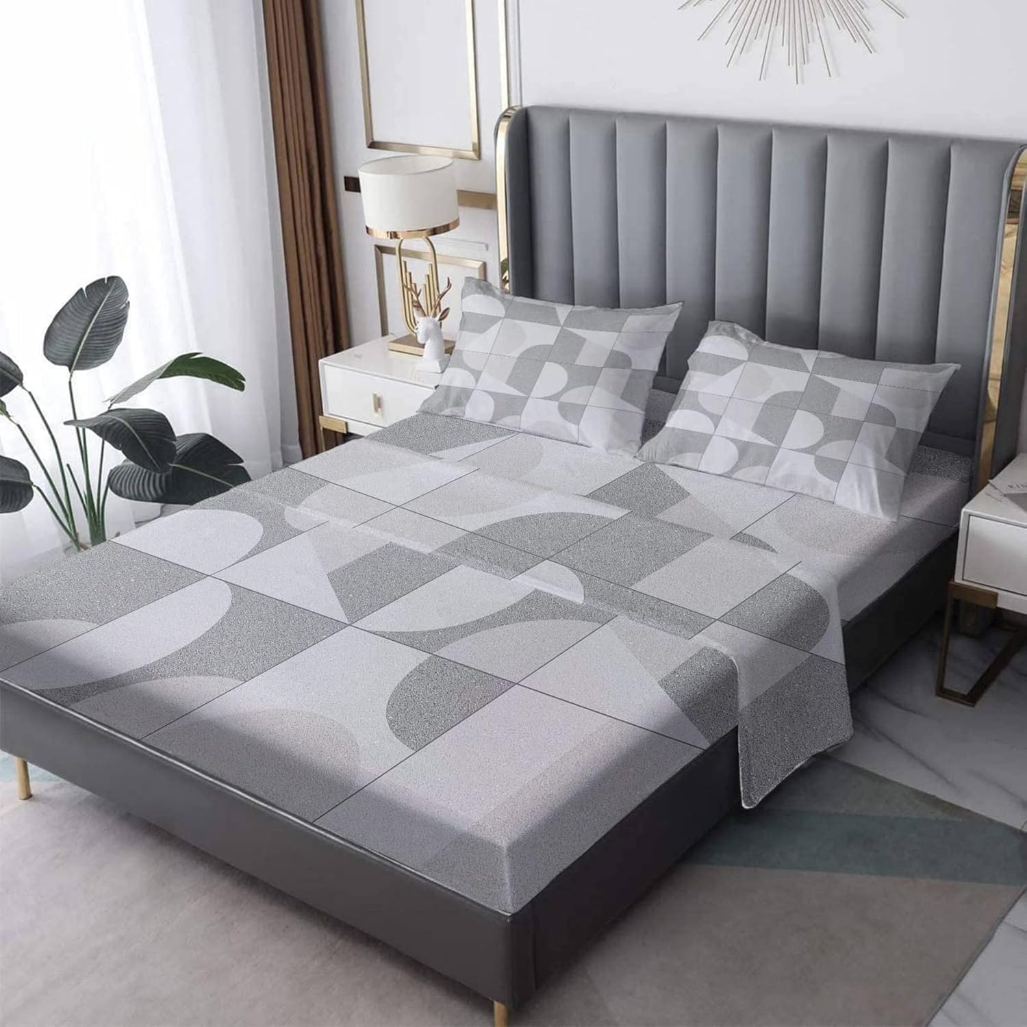 Sábanas geométricas tamaño Queen, sábanas y fundas de almohada con patrón abstracto moderno, bolsillo profundo de 16 pulgadas, juego de sábanas