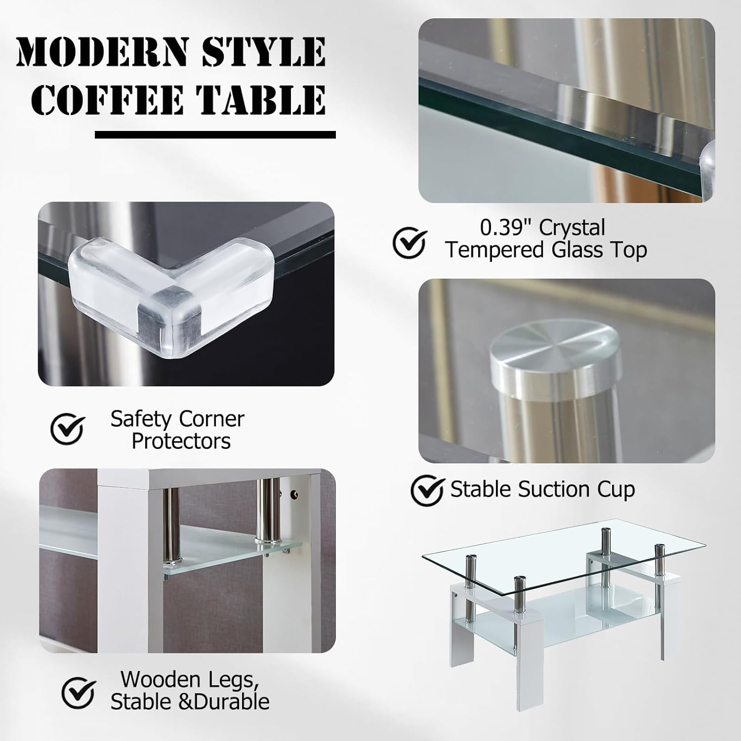 Mesa de centro rectangular de vidrio de 37 pulgadas, mesa de centro lateral blanca moderna con estante inferior, mesa de centro de doble capa con