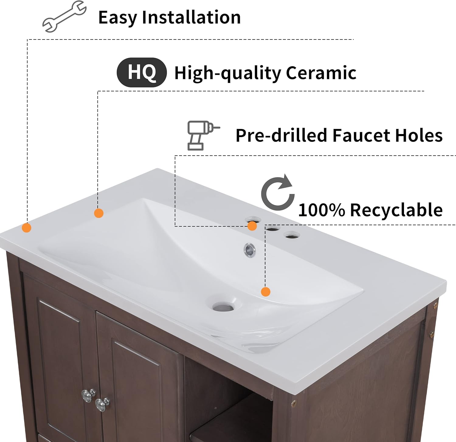 P PURLOVE Mueble de baño de 30 pulgadas con fregadero, armario de almacenamiento de baño con puertas y cajones, moderno juego de lavabo de madera