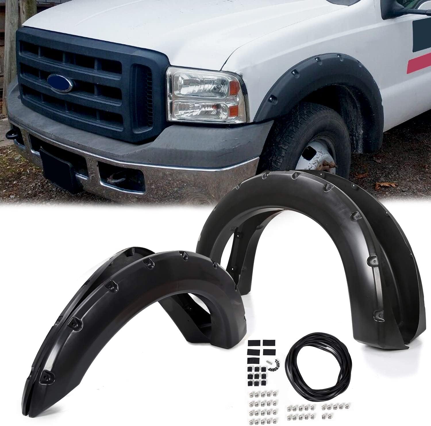 4 guardabarros de rueda para guardabarros de bolsillo, estilo remachado para Ford 1999-2007 F250 F350 F250 F350 Super Duty con kit de herramientas