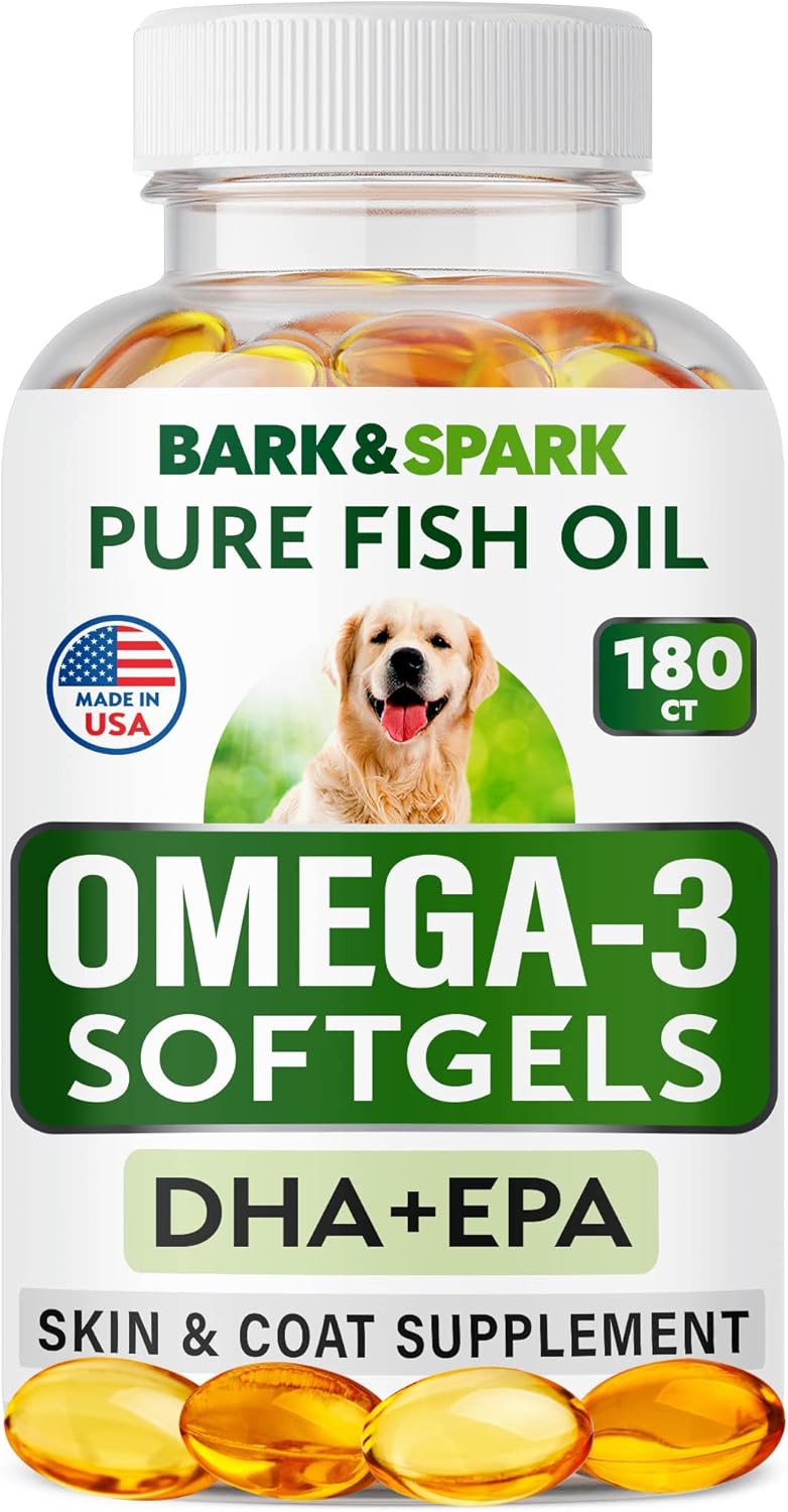 BARK&SPARK Omega 3 para perros  180 cápsulas blandas de aceite de pescado para desprendimiento de perros, alergias en la piel, alivio de picazón,
