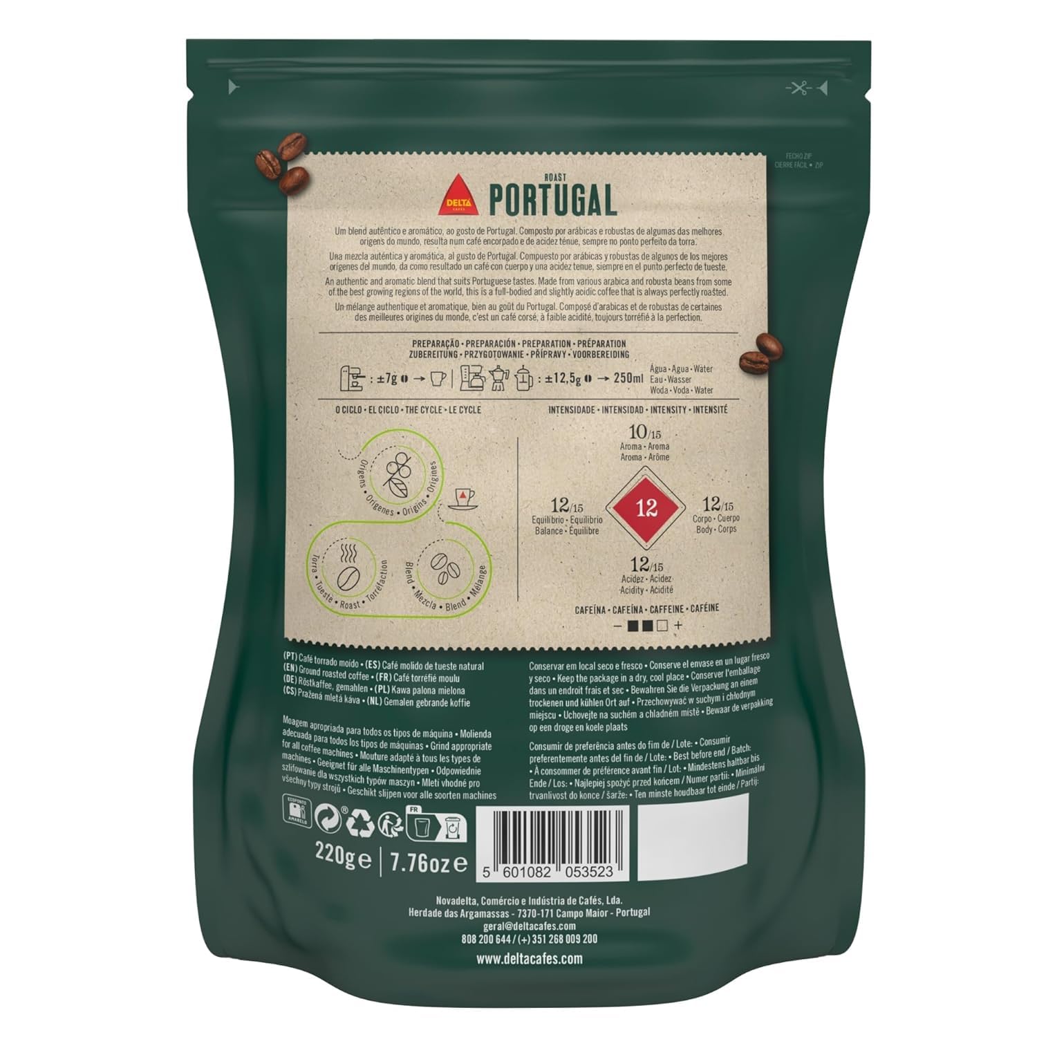 Delta Cafés Café molido Portugal, suave y delicioso café de tostado medio, compatible con máquina de expreso, molienda universal, 7.76 onzas
