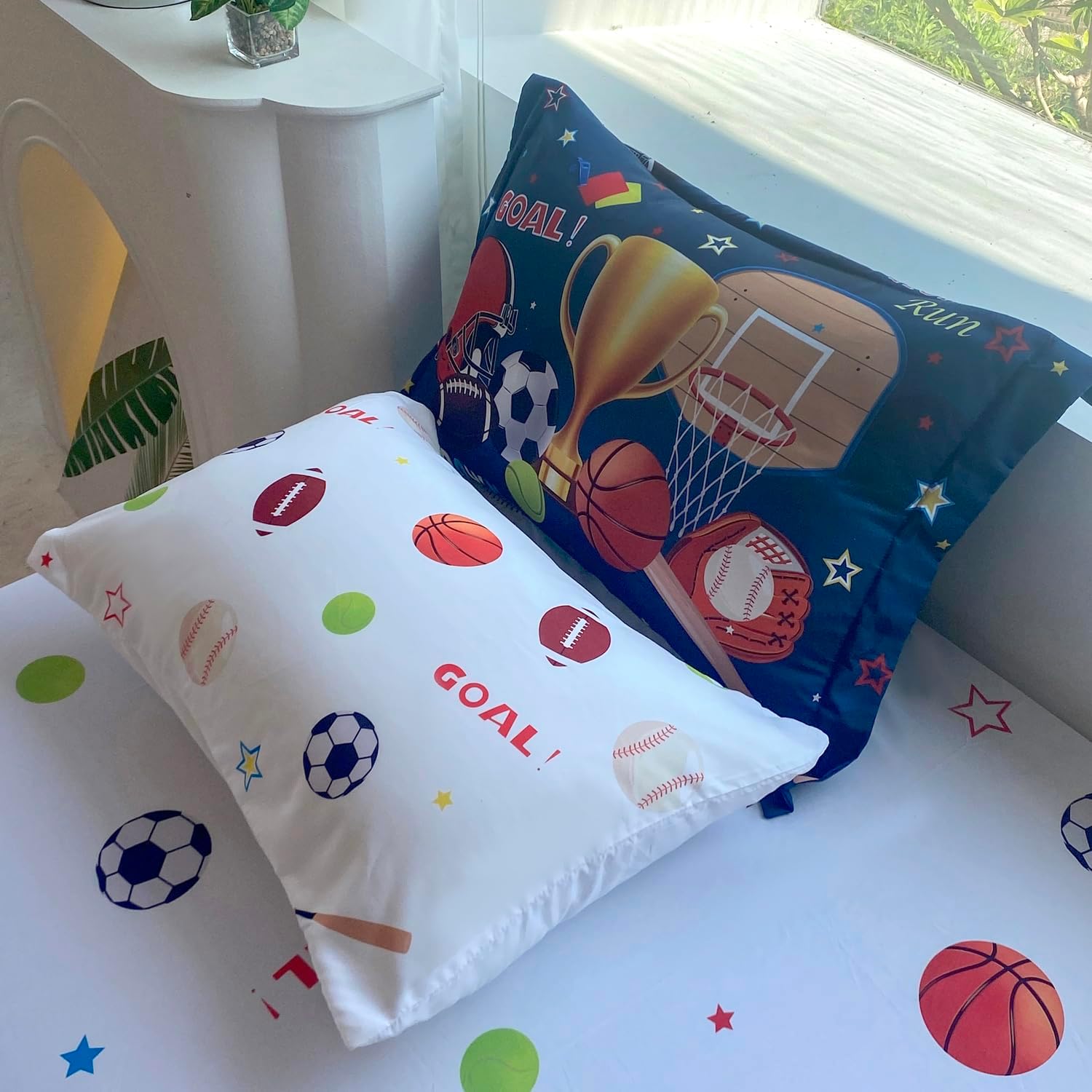 Jameswish Juego de edredón deportivo para niños, tamaño matrimonial, 7 piezas, juego de ropa de cama de baloncesto, fútbol, béisbol, para niños,