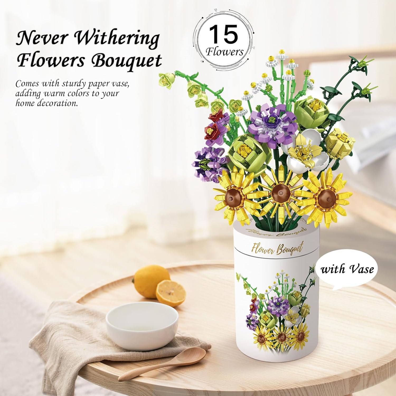 Juegos de construcción de ramo de flores, 15 flores artificiales con jarrón, regalos creativos de Navidad (820 piezas)