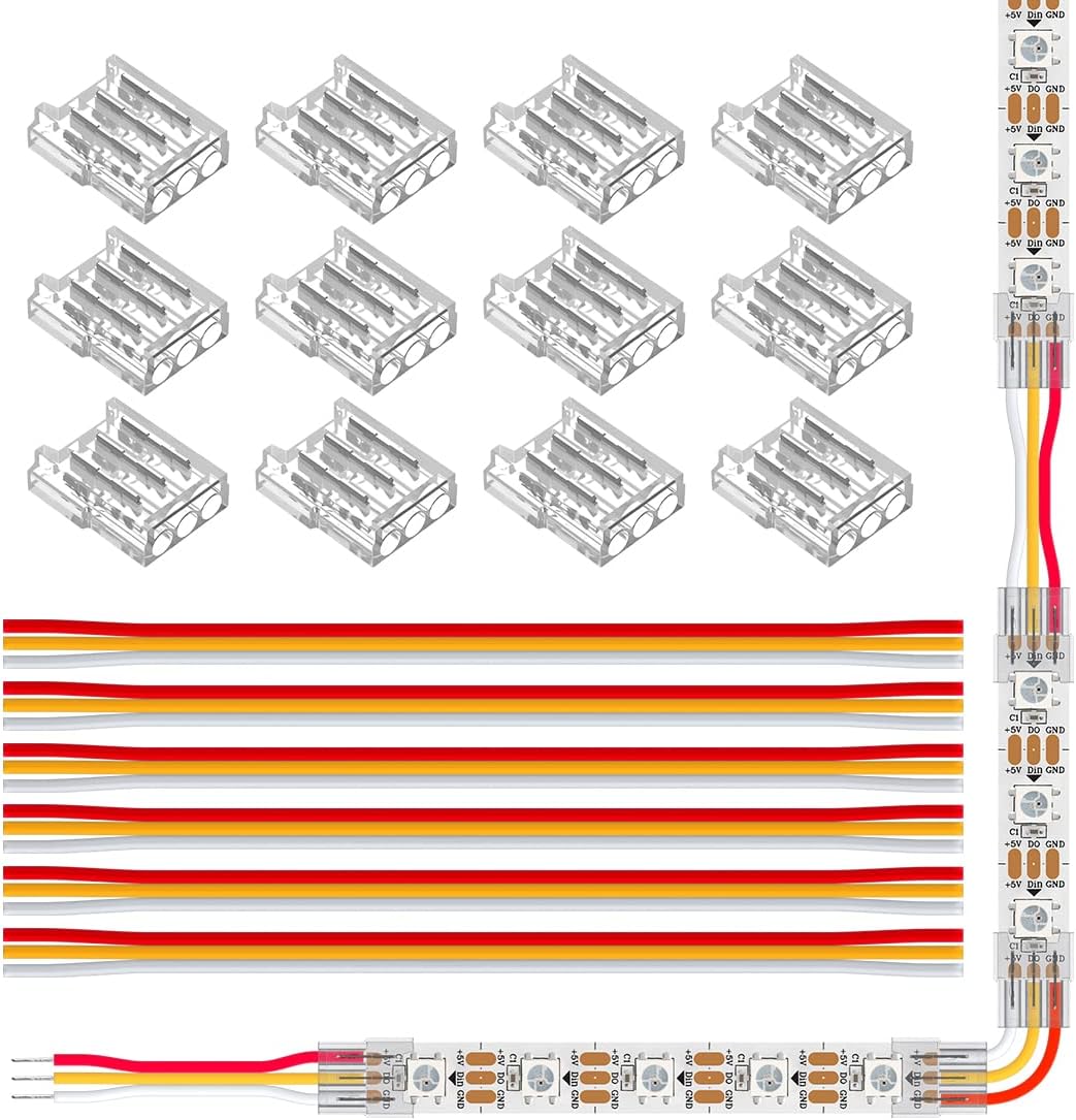 SEZO Kit de conectores de tira de luz LED de 3 pines de 0.394 in, 12 conectores transparentes sin cables sin soldadura + 6 piezas de 5.9 in de largo