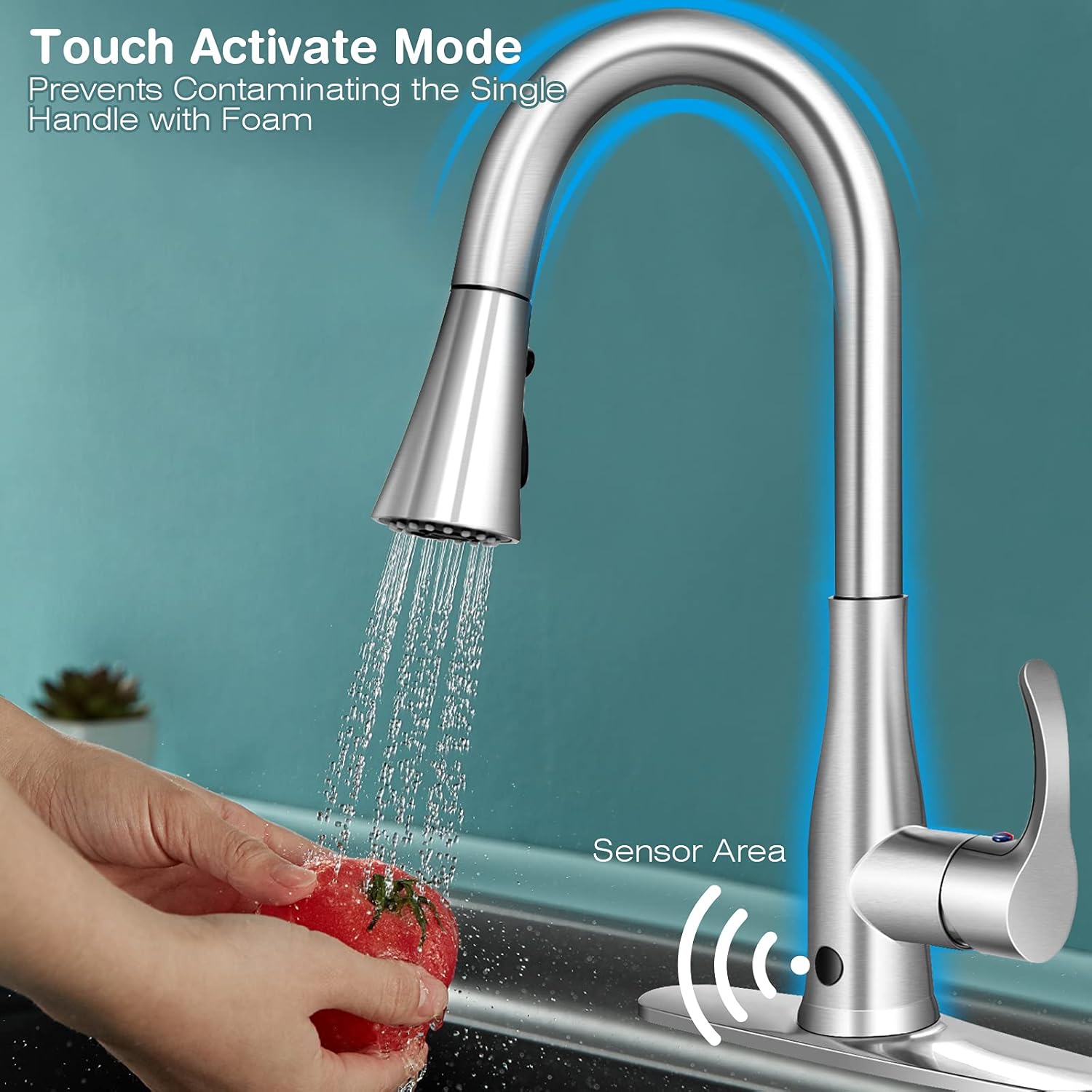 PETSITE Grifo de fregadero de cocina sin contacto con rociador extraíble, sensor de movimiento automático de un solo mango de arco alto, níquel