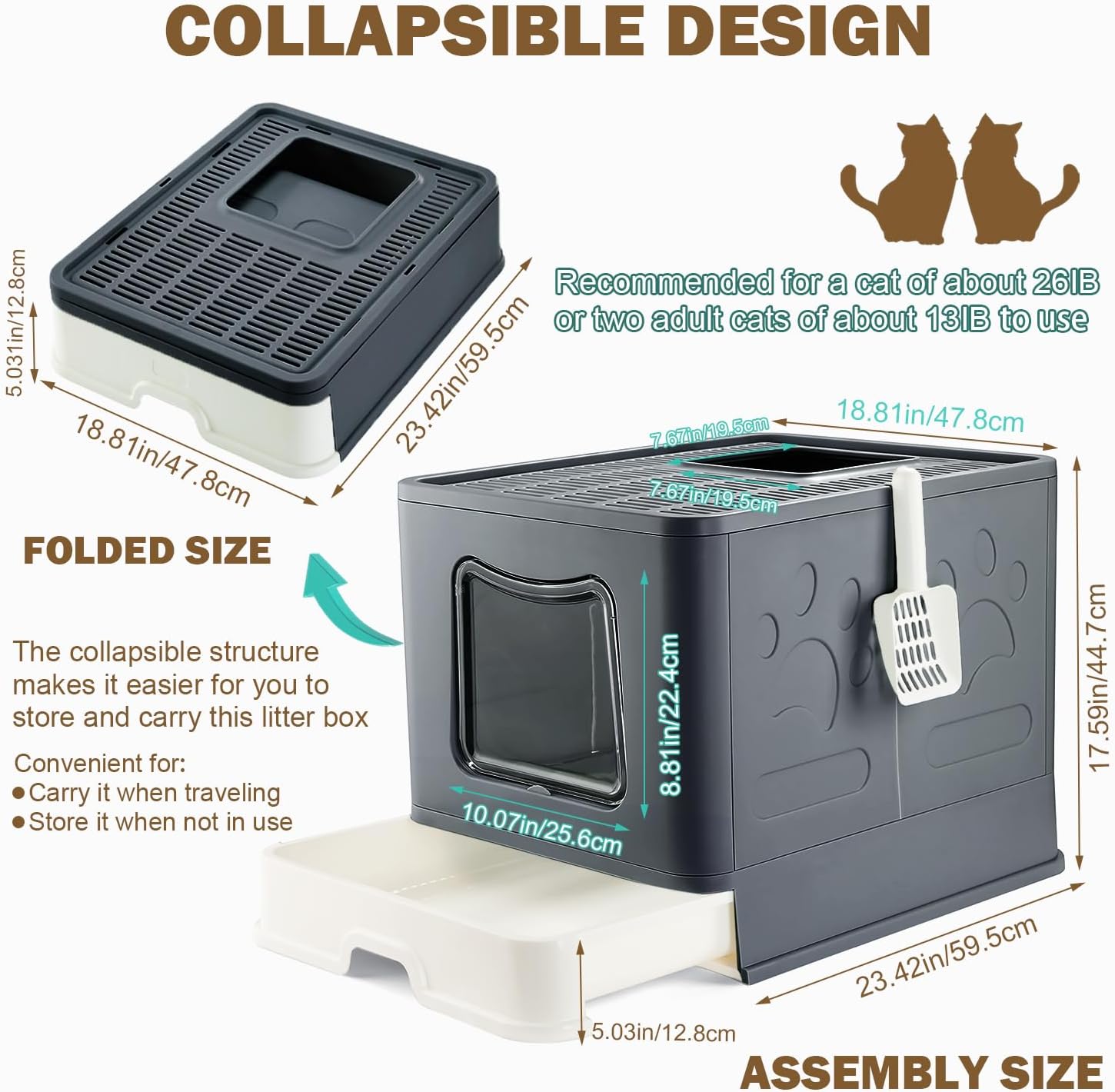 Caja de arena extra grande para gatos, caja de arena plegable cubierta para gatos grandes con tapa para gatos medianos y grandes, inodoro de pared