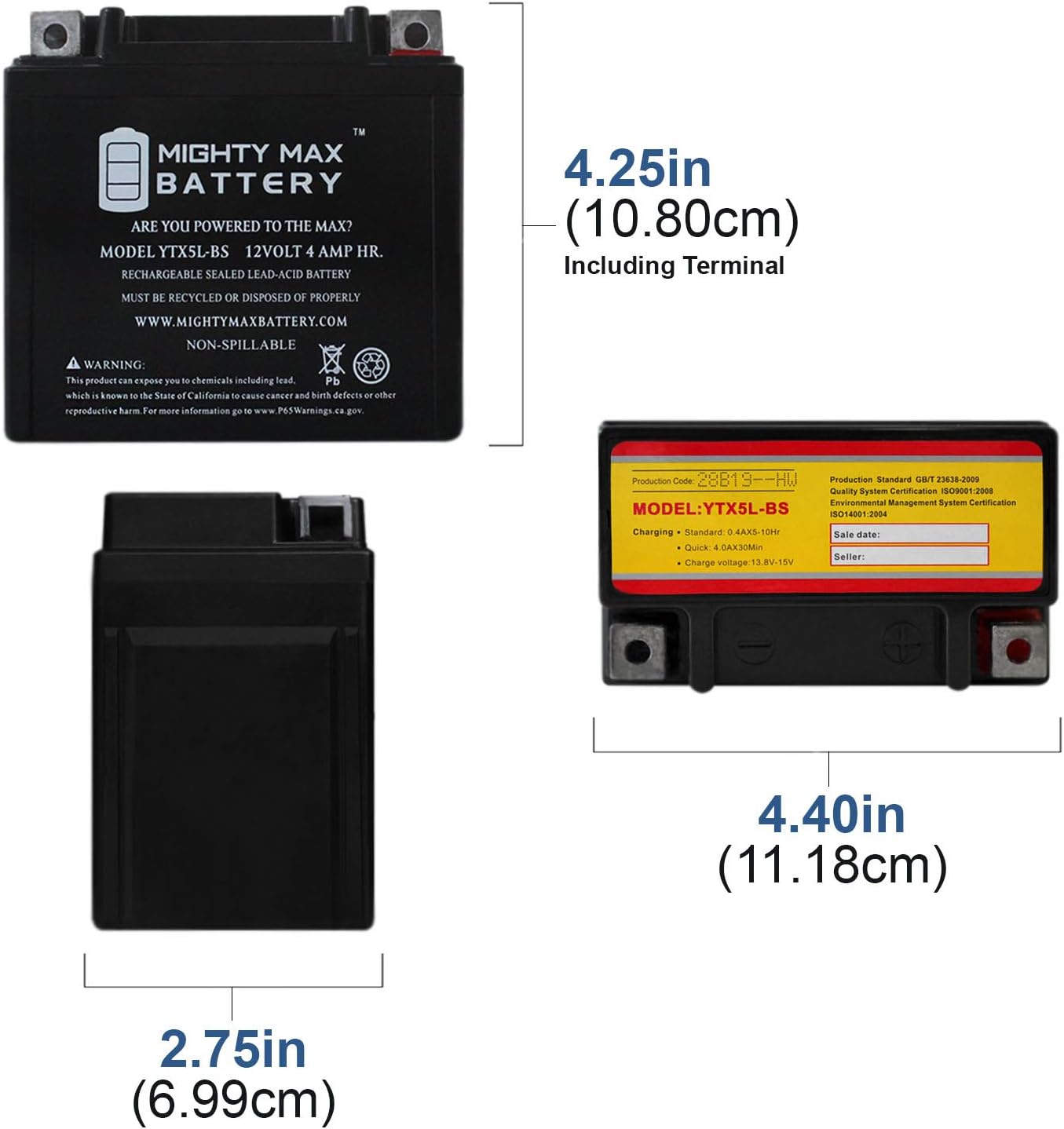 Mighty Max Battery Reemplazo de batería YTX5L-BS para KYMCO Mongoose 90 90CC todos los años