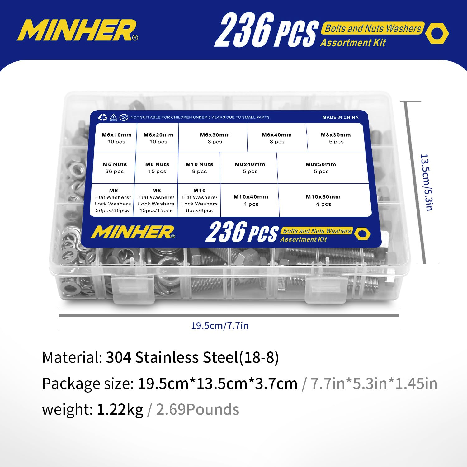 Kit surtido de tornillos y tuercas M6 M8 M10 de acero inoxidable 304 (18-8), tornillos hexagonales y arandelas, 236 piezas