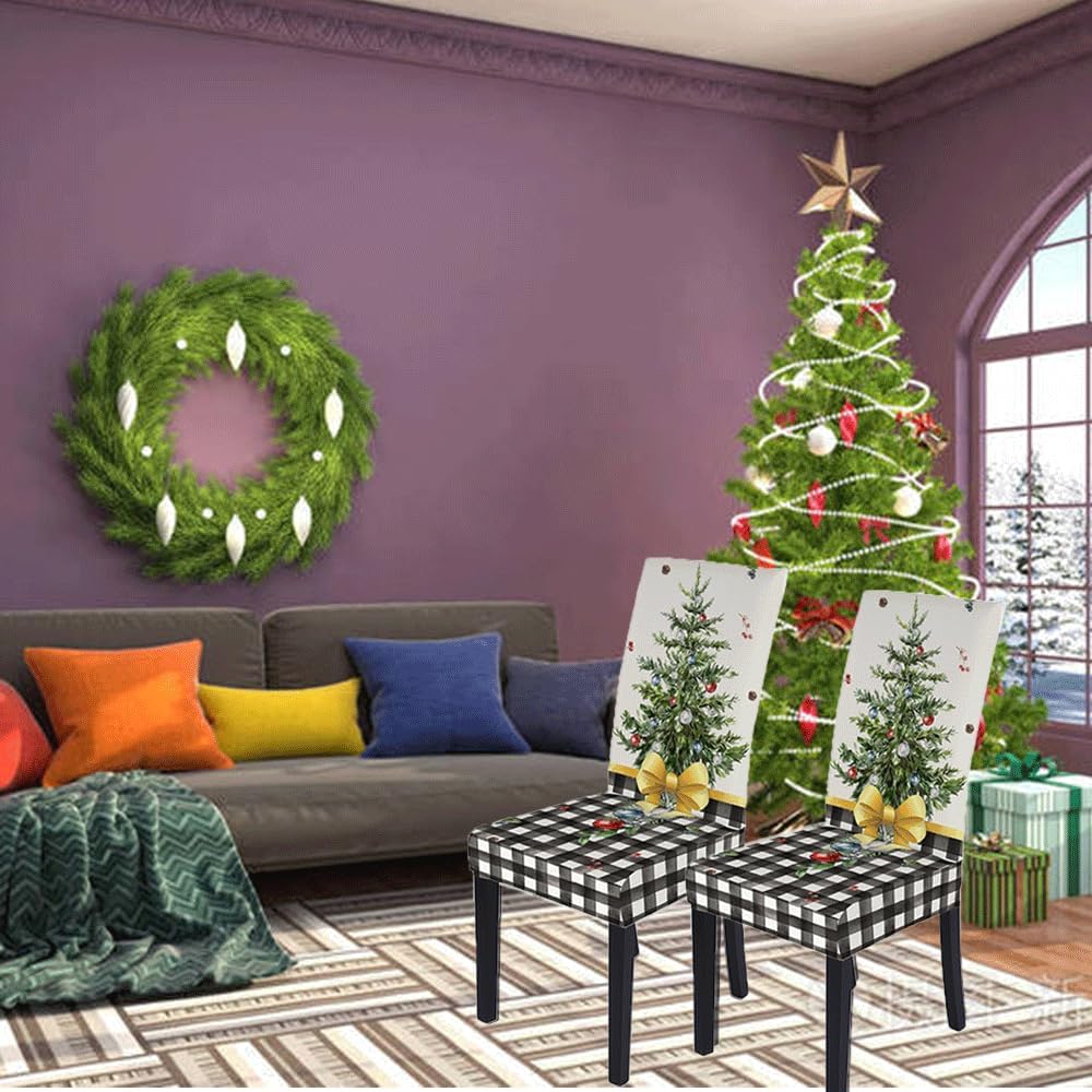 Juego de 6 fundas para sillas de Navidad, diseño de búfalo a cuadros, color blanco y negro, elástico, desmontable, lavable, decoración para sillas