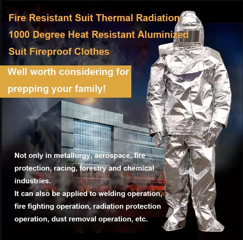 Traje resistente al fuego, radiación térmica, 1000 grados, resistente al calor, aluminizado, ropa ignífuga, incluye 1 abrigo, 1 pantalón, 1 casco, 1