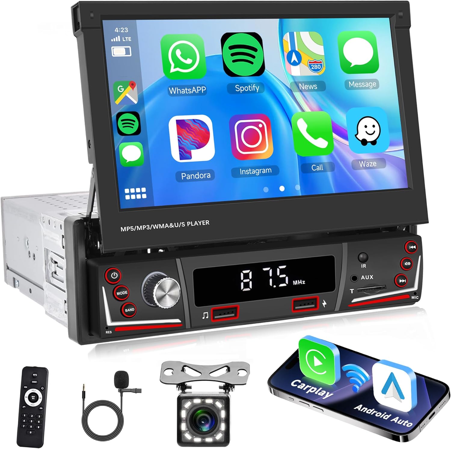 Rimoody 1 DIN – Pantalla táctil abatible con pantalla táctil inalámbrica Apple CarPlay, Rimoody 1 DIN 7 pulgadas radio de coche con Bluetooth FM