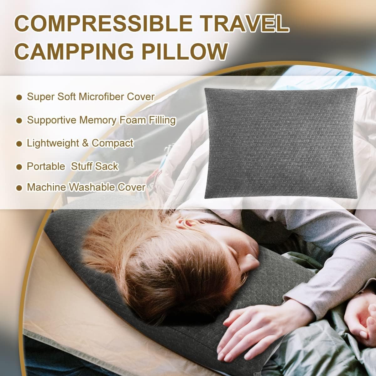 Ivellow Almohada de viaje de espuma viscoelástica comprimible para dormir, almohada de espuma viscoelástica triturada, almohada de viaje compacta y