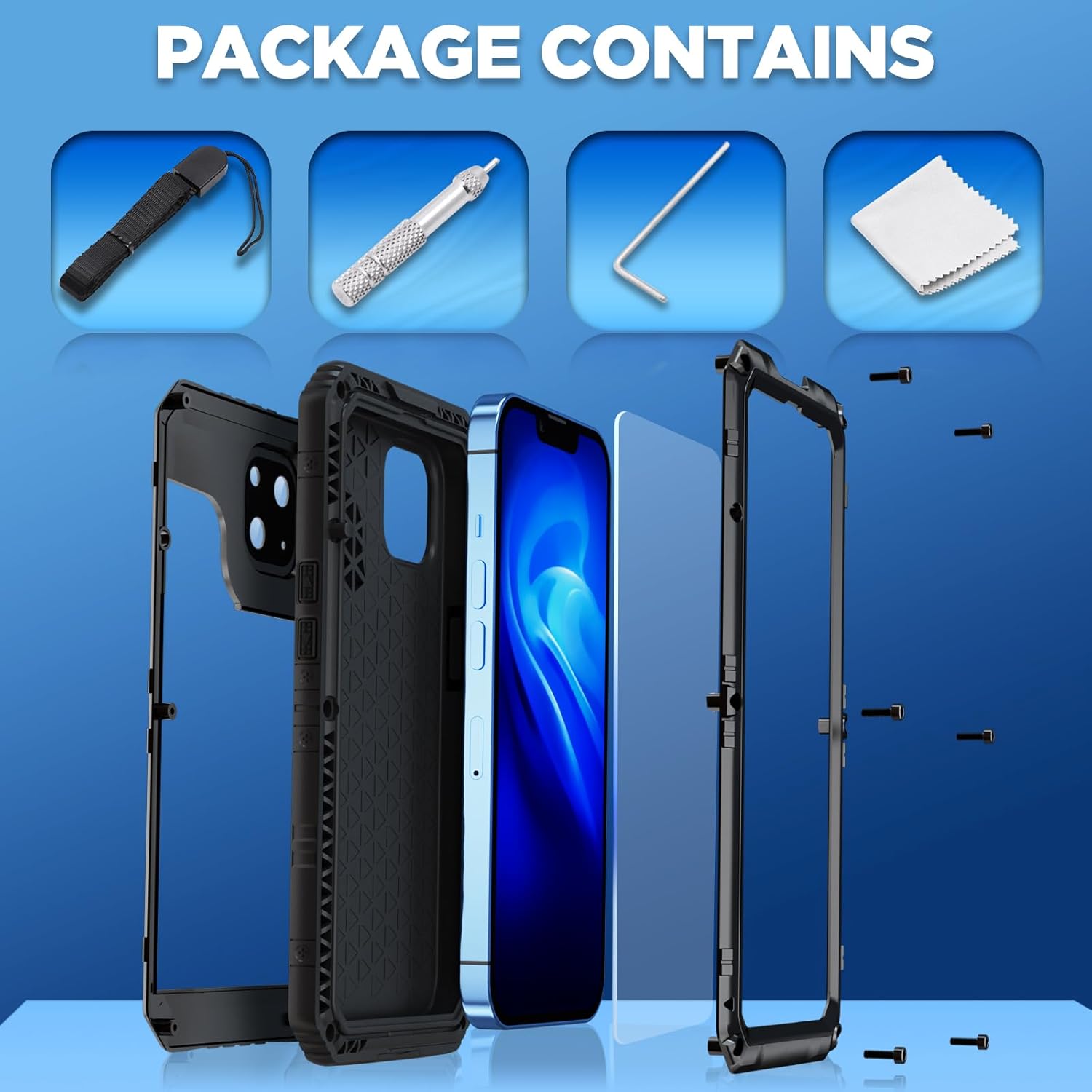 Mitywah Funda impermeable para iPhone 13, funda de metal resistente de grado militar, funda protectora de pantalla integrada a prueba de golpes,