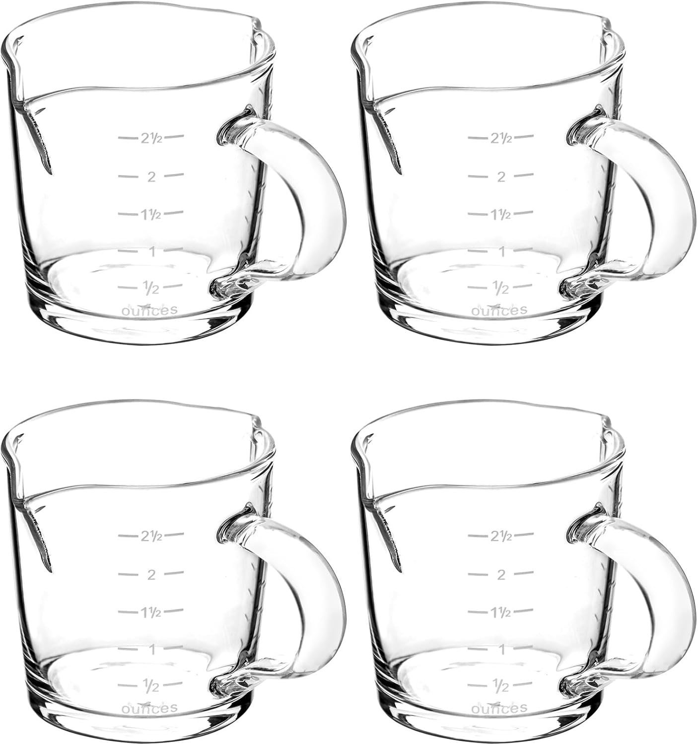 QWORK Vaso de chupito de café expreso con asa, paquete de 4 vasos medidores de vidrio de doble boquilla de 3 onzas, taza de leche triple con dos