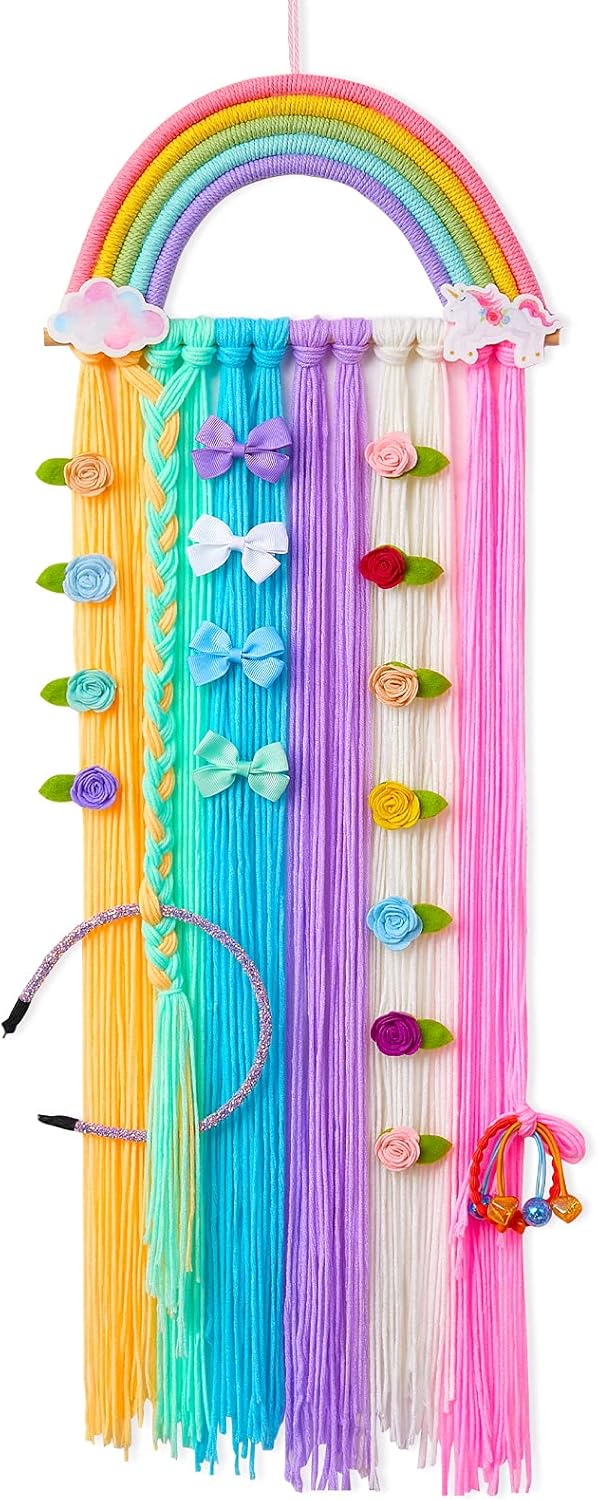 FIOBEE Organizador de lazos para el pelo de arco iris, clips de unicornio, soporte para diadema de unicornio para colgar en la pared, decoración del