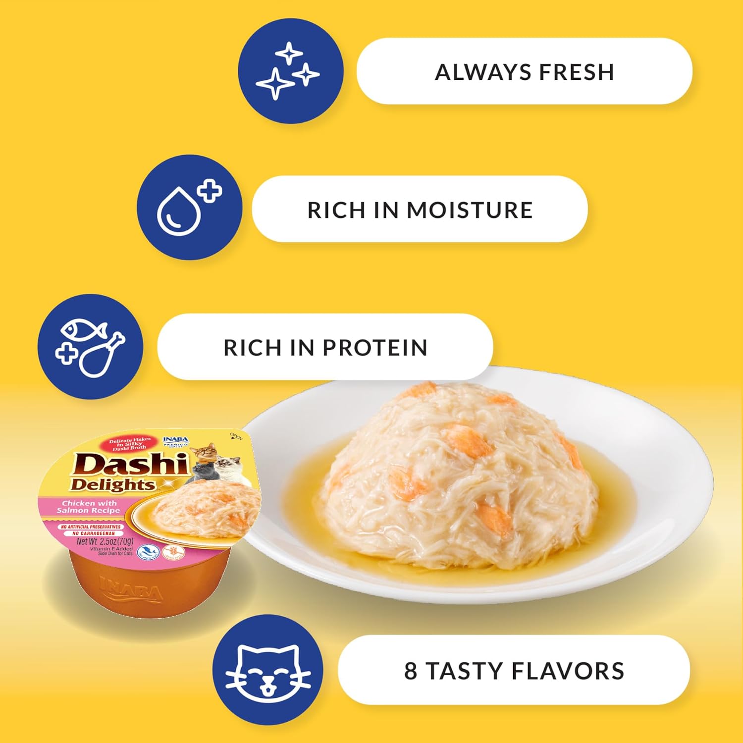 INABA Dashi Delights para gatos, pollo rallado con caldo de hojuelas Bonito, taza de 2.5 onzas, 12 tazas en total, variedad de pollo
