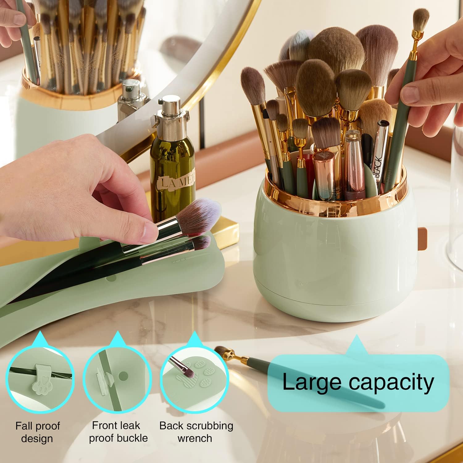 Paquete de 2 soportes para brochas de maquillaje, organizador de brochas de maquillaje acrílico giratorio de 360 grados con tapa, contenedor