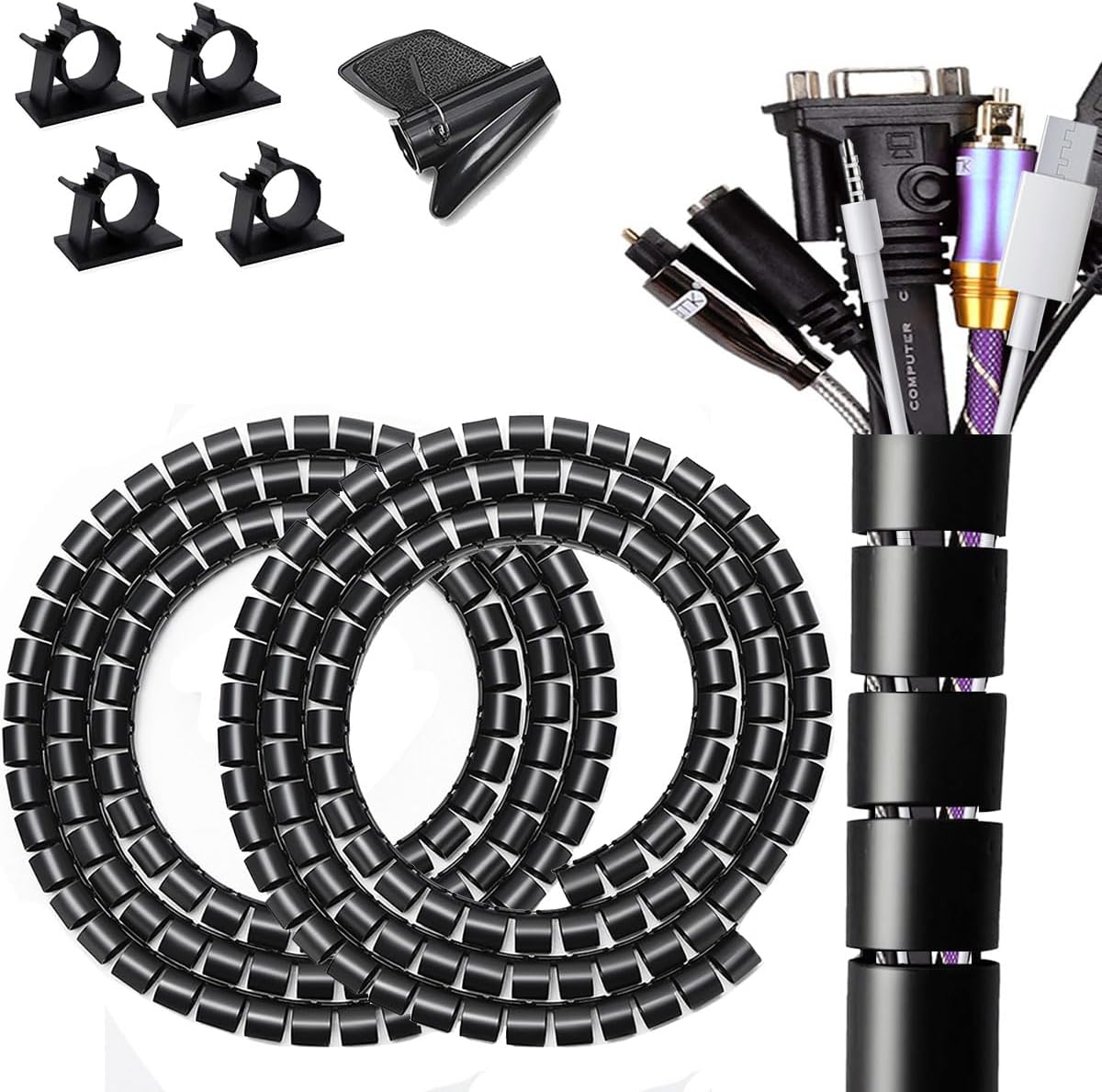 Funda grande de tubo de organización de cables de policarbonato para debajo del escritorio, organizador de cables para cables, 2 unidades, color