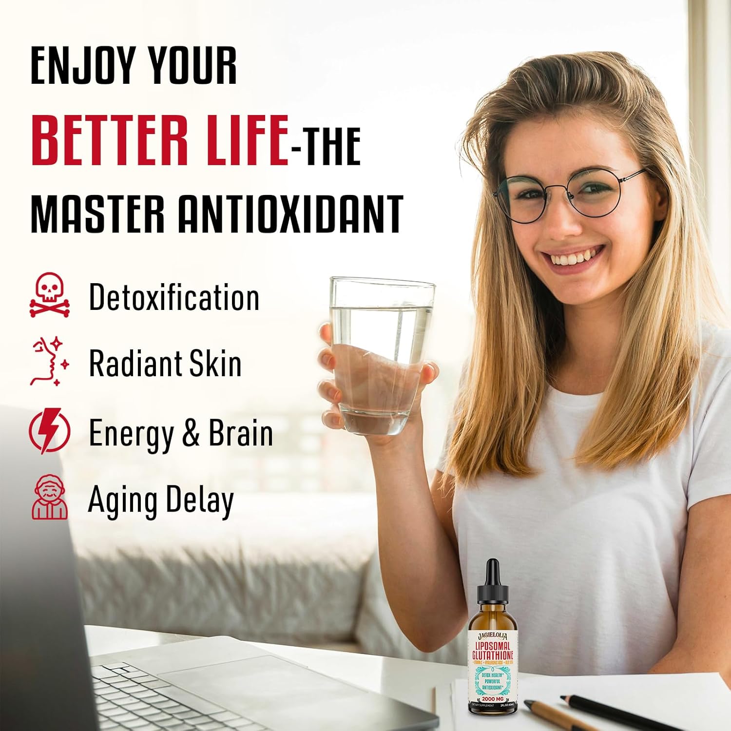 Líquido de glutatión liposomal de 2000 MG, fabricado en los Estados Unidos, suplemento de glutatión reducido, absorción mejorada, sin OMG, potente