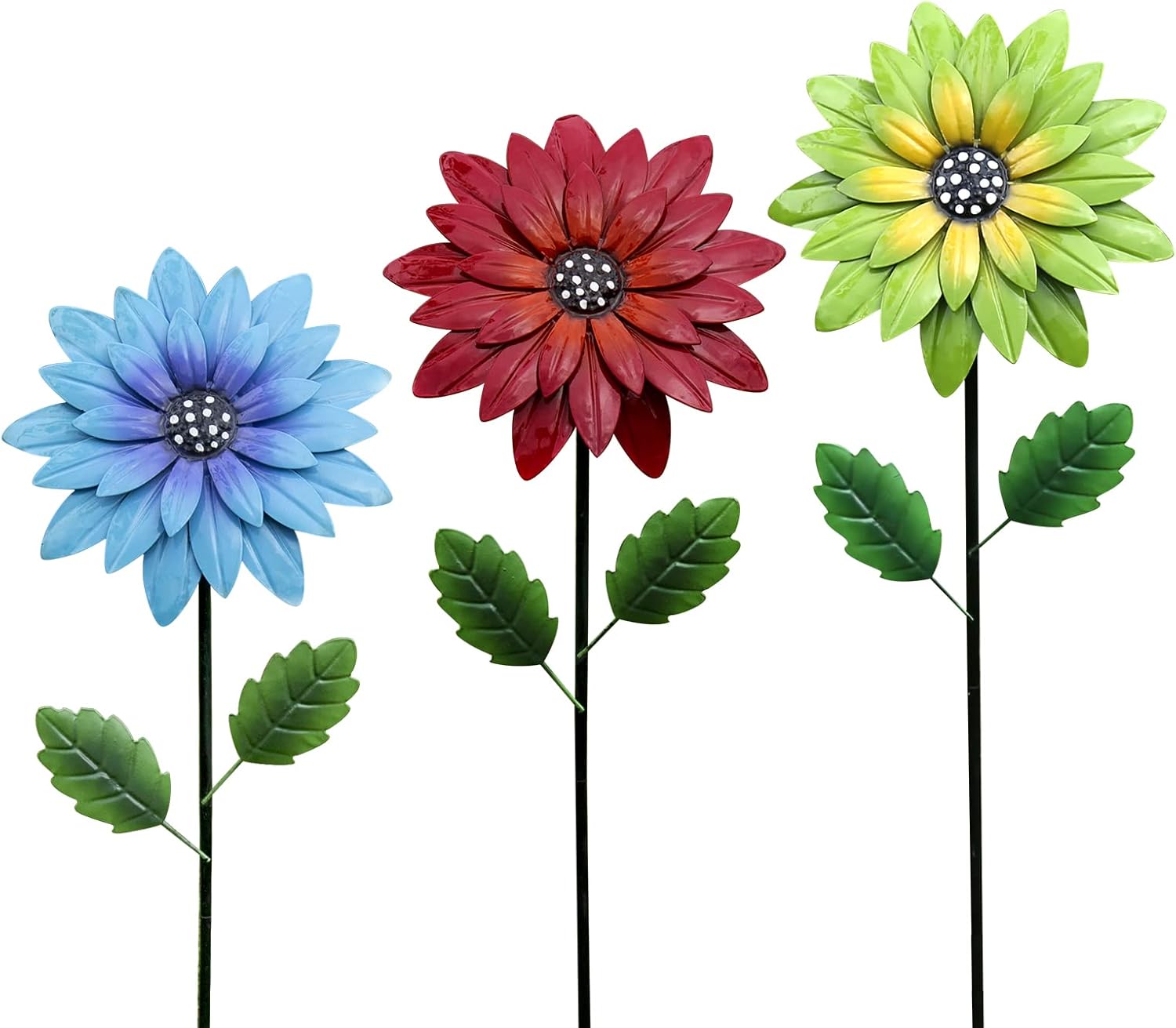 Juego de 3 estacas de metal con girasoles de metal, flores de metal, decoración para exteriores, decoración de patio, plantas de metal para jardín,