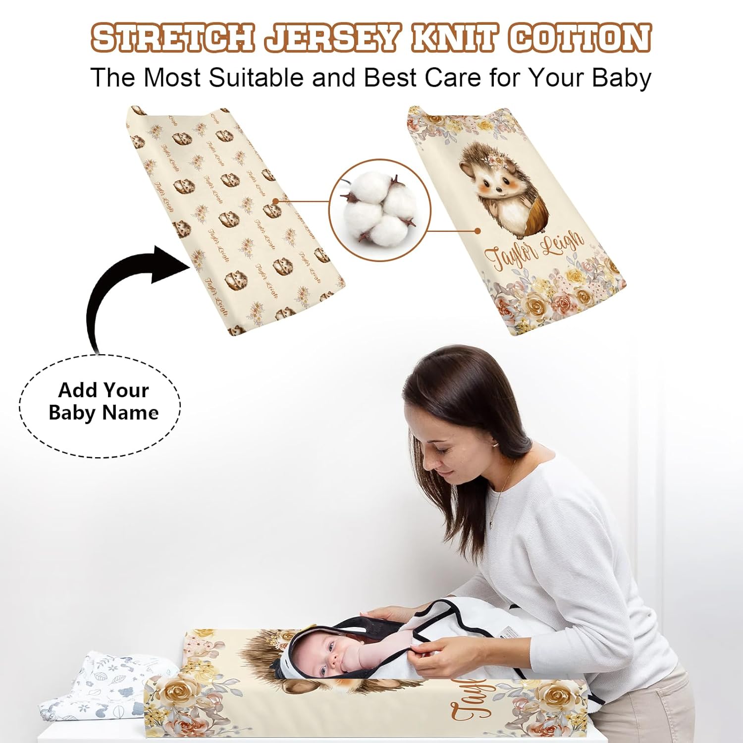 Funda para cambiador personalizada con impresiones de erizo almohadilla para orina de bebé de 2 piezas con nombre de bebé, sábanas portátiles
