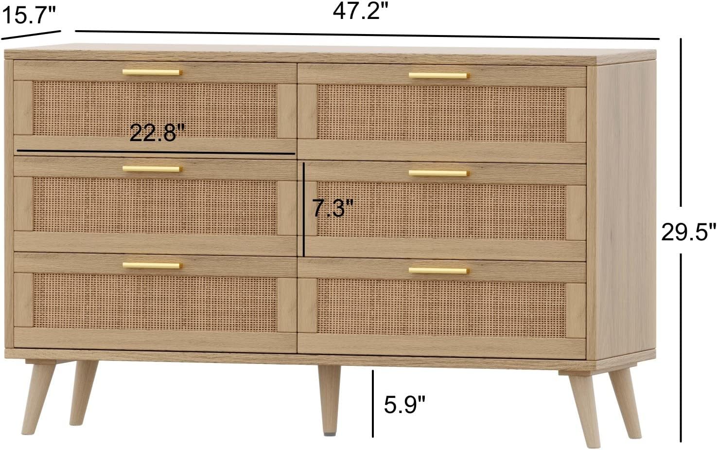 Rovaurx Cómoda doble de 6 cajones para dormitorio, cómoda de ratán, cómoda de madera moderna con asas doradas, mesa auxiliar para armario, sala de