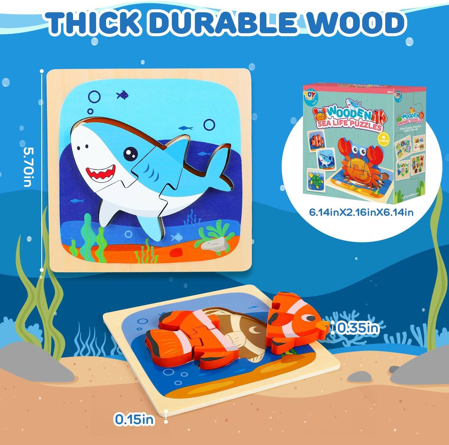 TOY Life Rompecabezas de 4 piezas para niños de 2 a 4 años, rompecabezas de madera de animales marinos para niños pequeños de 1 a 3 años, juguetes