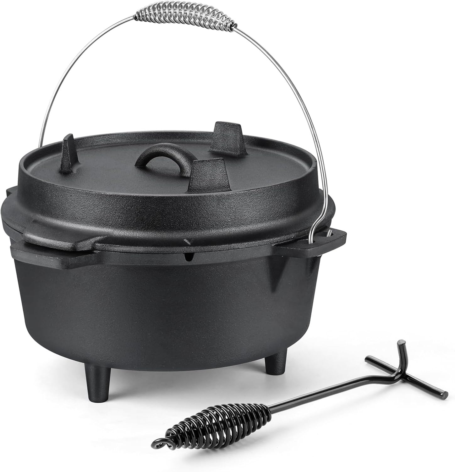 HaSteeL – Horno holandés de hierro fundido de 5 cuartos de galón, olla de campamento presazonada y levantador de tapa, olla profunda grande y