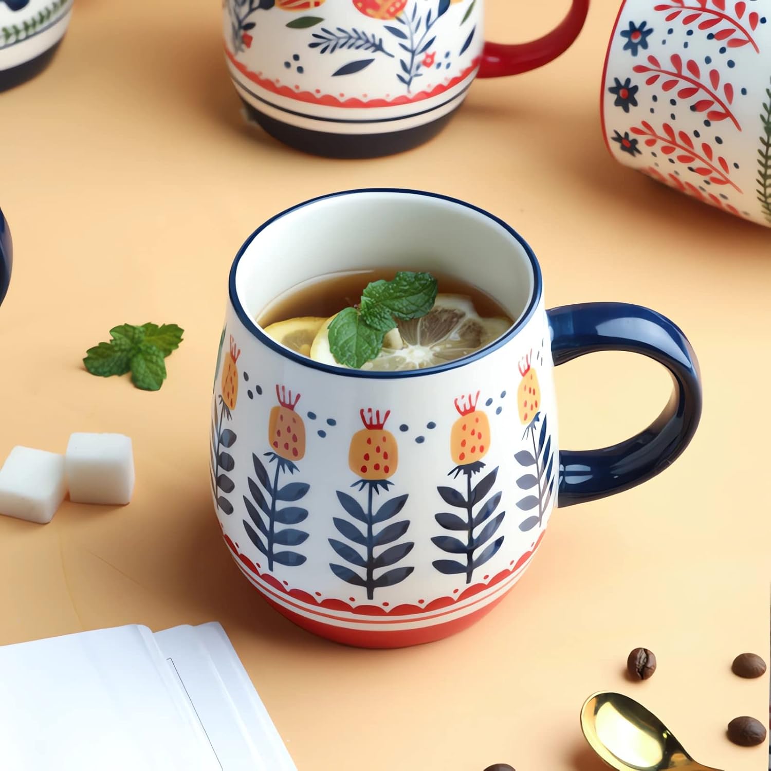 Juego de 2 tazas de café de cerámica de 16 onzas, diseño de flores, taza de café de cerámica para té con leche, capuchino, el mejor regalo de