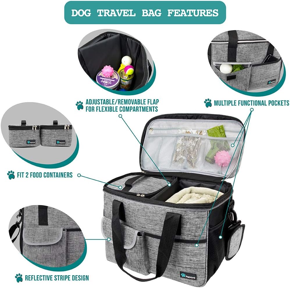 PetAmi Bolsa de viaje para perro, organizador de bolsa con bolsillos multifunción aprobado para aerolíneas, con bolsa contenedora de alimentos y