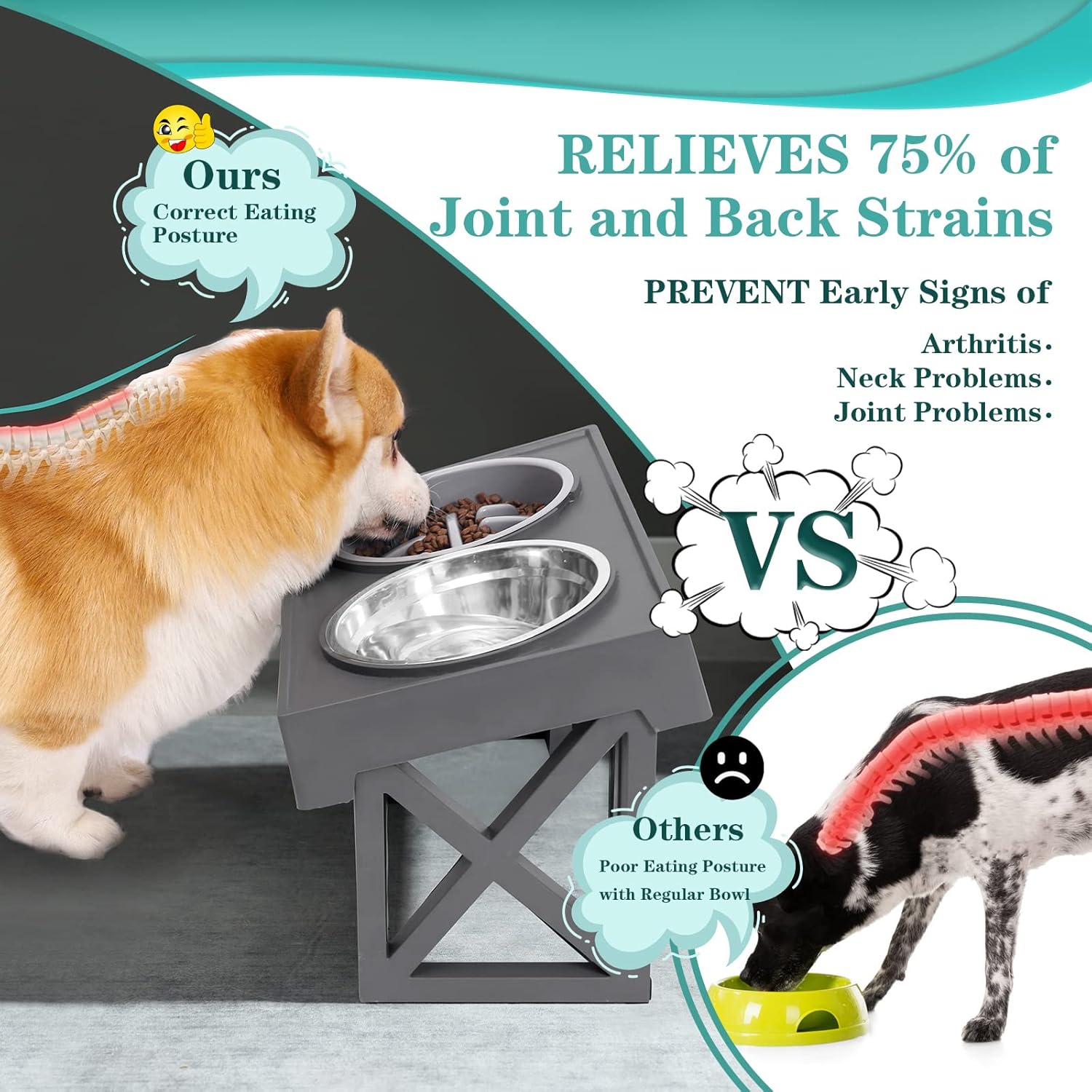 Cuencos elevados para perros, cuencos elevados ajustables para perros con 2 cuencos de acero inoxidable con comedero lento, cuencos de comida para