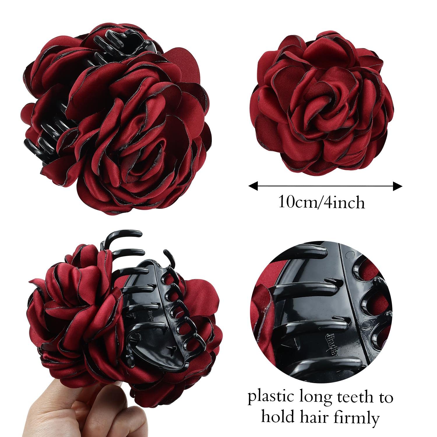 Cinaci Paquete de 4 pinzas de plástico negro para el cabello con rosas grandes y grandes, pinzas para moño, accesorios para mujeres y niñas