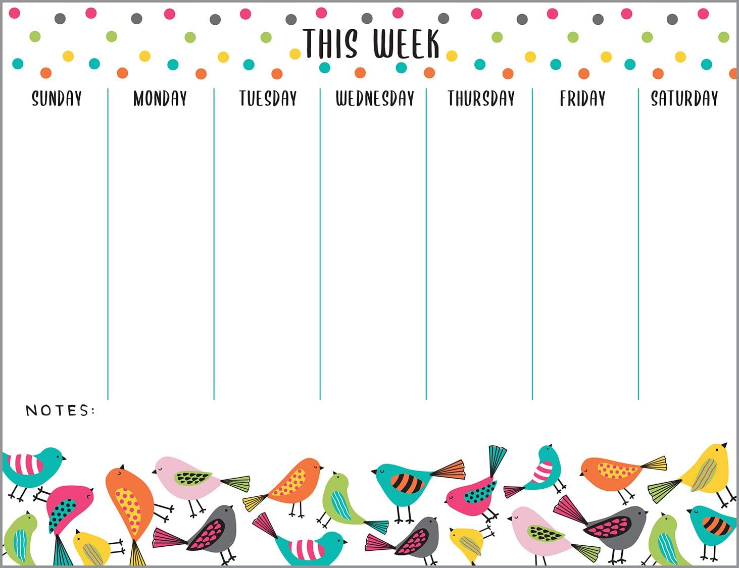Planificador semanal con calendario y bloc de notas, pájaros brillantes con imán fijable