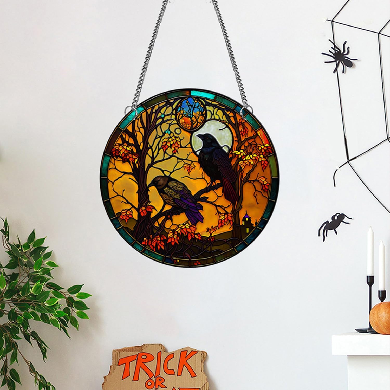 Cuervos de acrílico manchado para colgar en la ventana, decoración de pared de cuervo para los amantes de las aves, decoración de Halloween y otoño