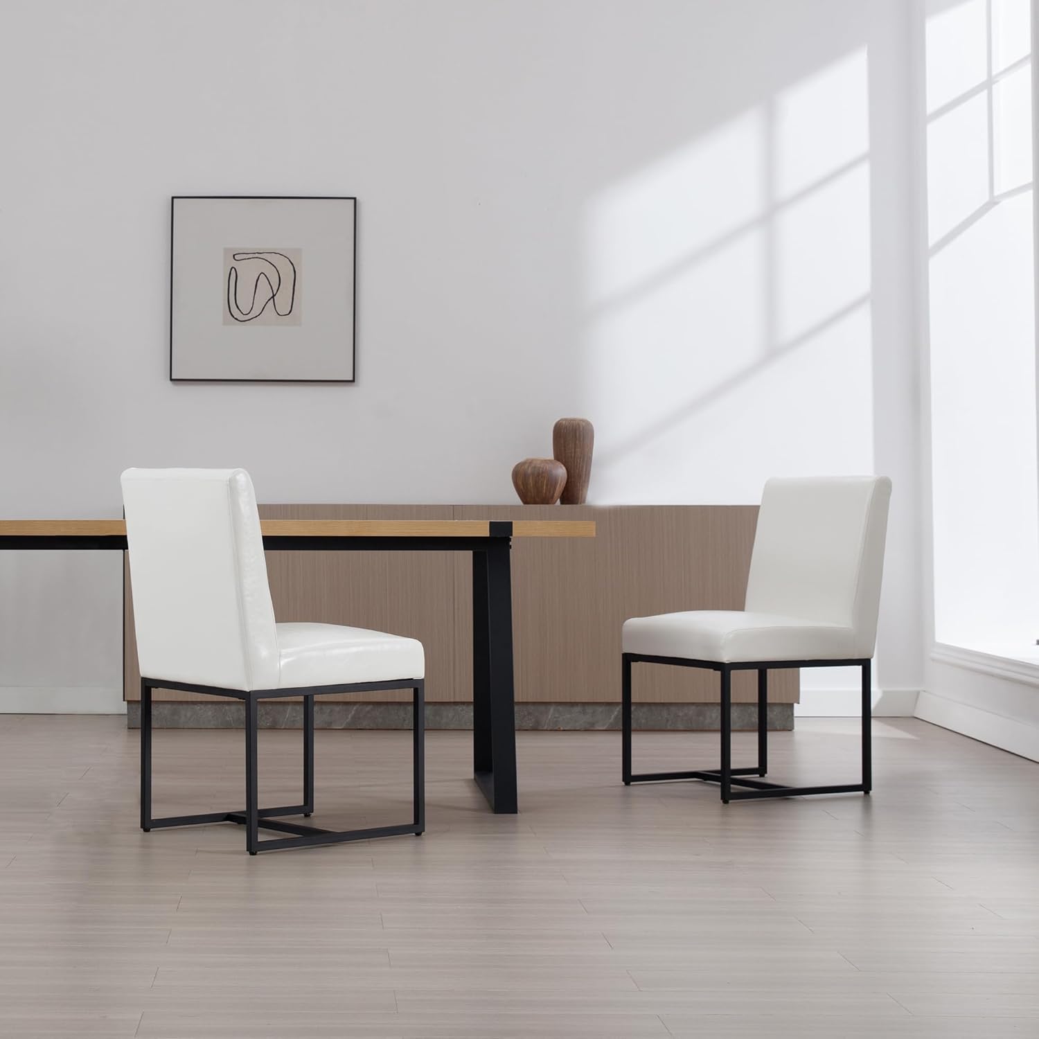 Wahson Set of 2 Upholstered Dining Chair, Faux Leather Mid Century Modern Kitchen Leather Chair Armless for Dining Room, with Black Finish Metal