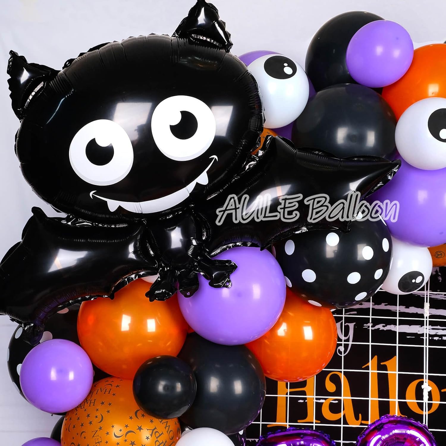 AULE Kit de arco de guirnalda de globos de Halloween de 141 piezas con mini esqueleto bailarín negro con ojos de gato negro, naranja, morado, negro,